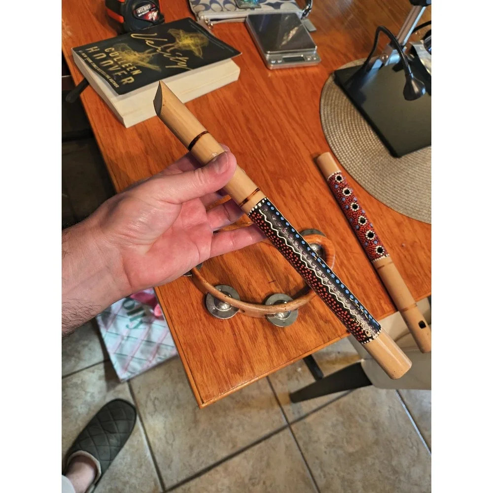 Handmade Teak Wood Tambourine And Two Wood Flutes Possibly Bamboo